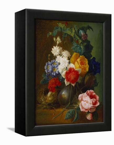 Roses, Poppies, Morning Glory and Other Flowers in a Vase with a Bird's Nest on a Ledge-Jan van Os-Framed Premier Image Canvas
