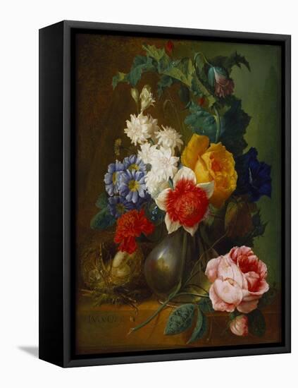 Roses, Poppies, Morning Glory and Other Flowers in a Vase with a Bird's Nest on a Ledge-Jan van Os-Framed Premier Image Canvas