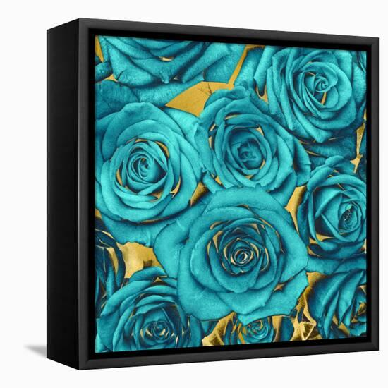 Roses - Teal on Gold-Kate Bennett-Framed Stretched Canvas