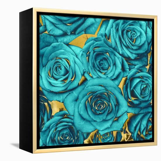 Roses - Teal on Gold-Kate Bennett-Framed Stretched Canvas