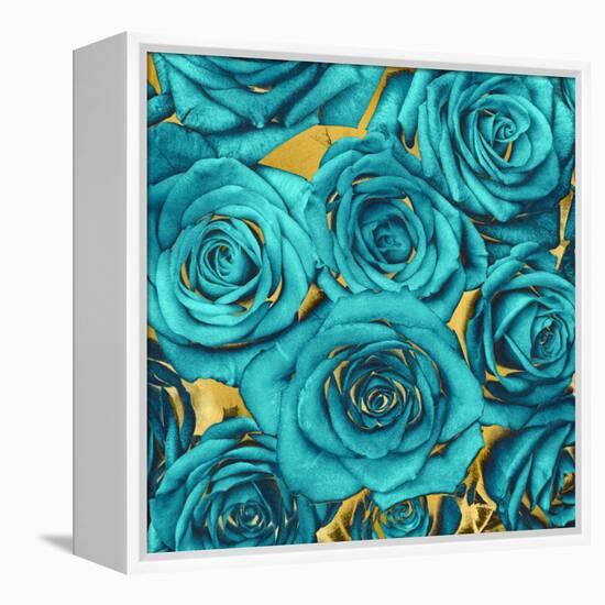 Roses - Teal on Gold-Kate Bennett-Framed Stretched Canvas