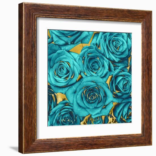 Roses - Teal on Gold-Kate Bennett-Framed Art Print