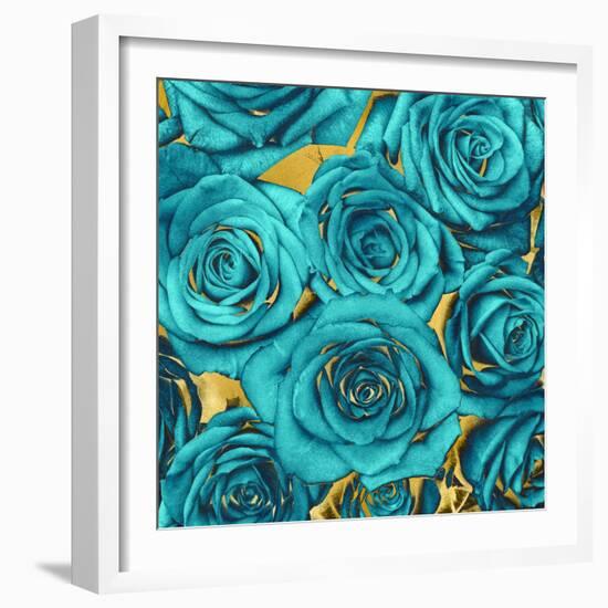 Roses - Teal on Gold-Kate Bennett-Framed Art Print