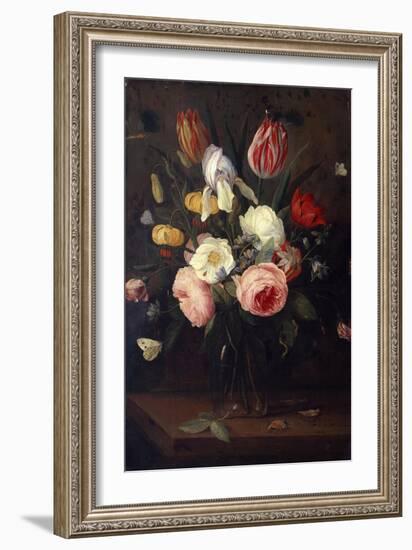 Roses, Tulips and Other Flowers in a Glass Vase, with Insects, on a Table-Jean-Baptiste-Camille Corot-Framed Giclee Print