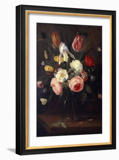 Roses, Tulips and Other Flowers in a Glass Vase, with Insects, on a Table-Jean-Baptiste-Camille Corot-Framed Giclee Print