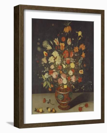 Roses, Tulips, Lilies, an Iris, a Fritillary and Other Flowers in a Painted Vase with Fruit on a…-Daniel Seghers-Framed Giclee Print