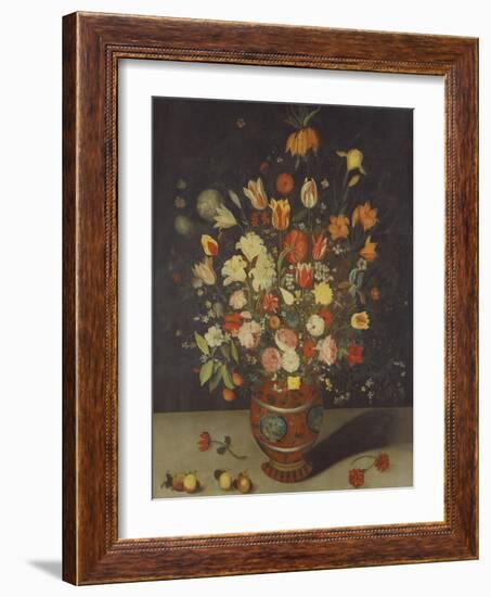 Roses, Tulips, Lilies, an Iris, a Fritillary and Other Flowers in a Painted Vase with Fruit on a…-Daniel Seghers-Framed Giclee Print