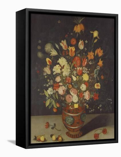 Roses, Tulips, Lilies, an Iris, a Fritillary and Other Flowers in a Painted Vase with Fruit on a…-Daniel Seghers-Framed Premier Image Canvas
