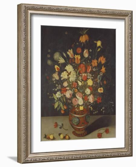 Roses, Tulips, Lilies, an Iris, a Fritillary and Other Flowers in a Painted Vase with Fruit on a…-Daniel Seghers-Framed Giclee Print