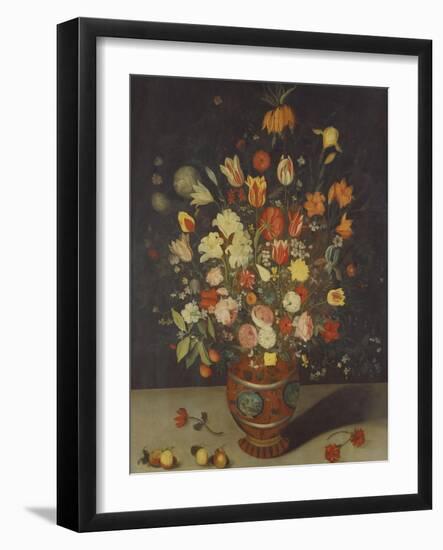 Roses, Tulips, Lilies, an Iris, a Fritillary and Other Flowers in a Painted Vase with Fruit on a…-Daniel Seghers-Framed Giclee Print