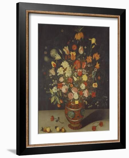 Roses, Tulips, Lilies, an Iris, a Fritillary and Other Flowers in a Painted Vase with Fruit on a…-Daniel Seghers-Framed Giclee Print