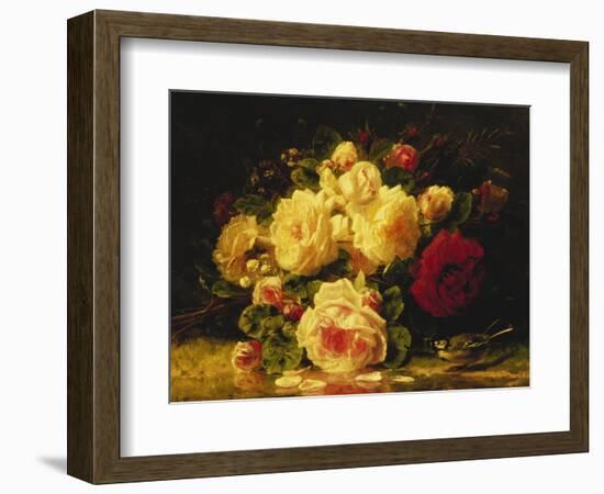 Roses with a Blue Tit by a Stream-Jean Baptiste Claude Robie-Framed Giclee Print