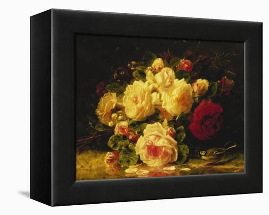 Roses with a Blue Tit by a Stream-Jean Baptiste Claude Robie-Framed Premier Image Canvas