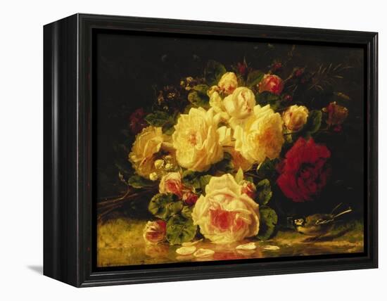 Roses with a Blue Tit by a Stream-Jean Baptiste Claude Robie-Framed Premier Image Canvas