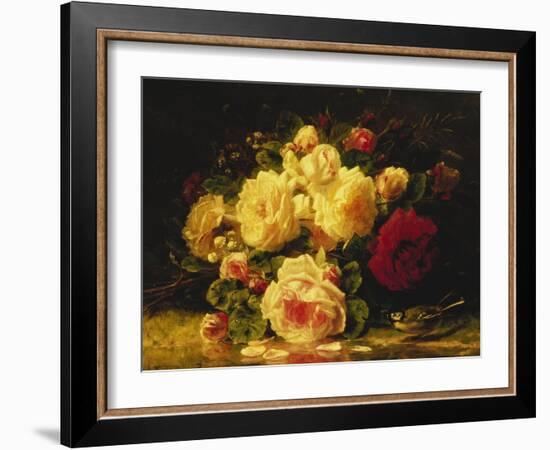 Roses with a Blue Tit by a Stream-Jean Baptiste Claude Robie-Framed Giclee Print