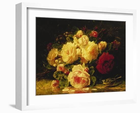 Roses with a Blue Tit by a Stream-Jean Baptiste Claude Robie-Framed Giclee Print