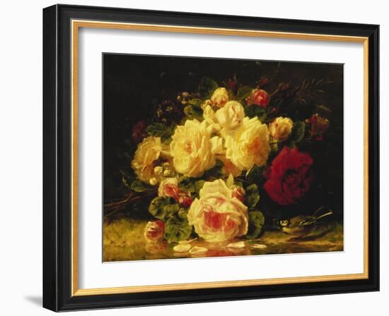 Roses with a Blue Tit by a Stream-Jean Baptiste Claude Robie-Framed Giclee Print