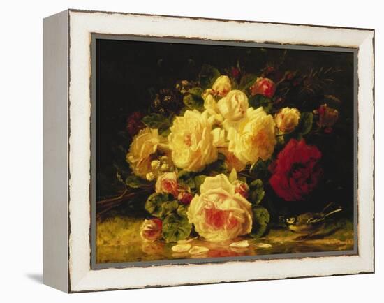 Roses with a Blue Tit by a Stream-Jean Baptiste Claude Robie-Framed Premier Image Canvas