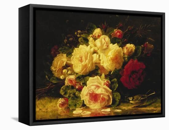 Roses with a Blue Tit by a Stream-Jean Baptiste Claude Robie-Framed Premier Image Canvas