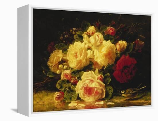 Roses with a Blue Tit by a Stream-Jean Baptiste Claude Robie-Framed Premier Image Canvas