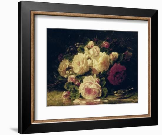 Roses with a Blue Tit by a Stream-Jean Baptiste Claude Robie-Framed Giclee Print