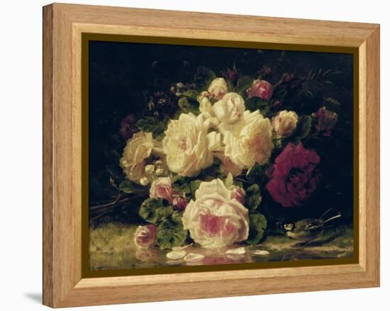 Roses with a Blue Tit by a Stream-Jean Baptiste Claude Robie-Framed Premier Image Canvas
