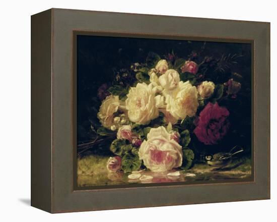 Roses with a Blue Tit by a Stream-Jean Baptiste Claude Robie-Framed Premier Image Canvas