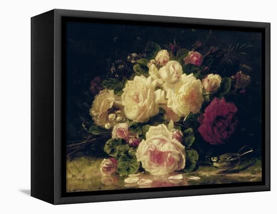 Roses with a Blue Tit by a Stream-Jean Baptiste Claude Robie-Framed Premier Image Canvas