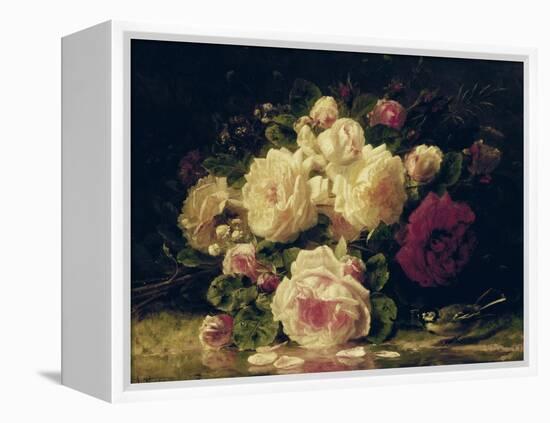 Roses with a Blue Tit by a Stream-Jean Baptiste Claude Robie-Framed Premier Image Canvas