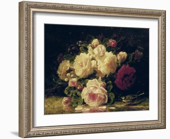 Roses with a Blue Tit by a Stream-Jean Baptiste Claude Robie-Framed Giclee Print