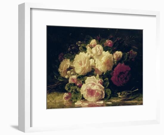 Roses with a Blue Tit by a Stream-Jean Baptiste Claude Robie-Framed Giclee Print