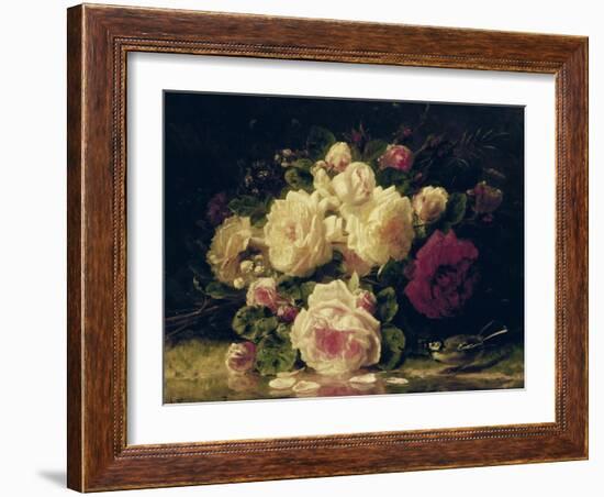 Roses with a Blue Tit by a Stream-Jean Baptiste Claude Robie-Framed Giclee Print