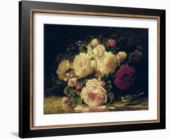 Roses with a Blue Tit by a Stream-Jean Baptiste Claude Robie-Framed Giclee Print