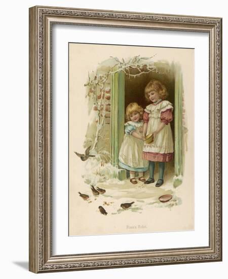 Rosie's Robin - Two Sisters Feed the Birds in Winter-null-Framed Art Print