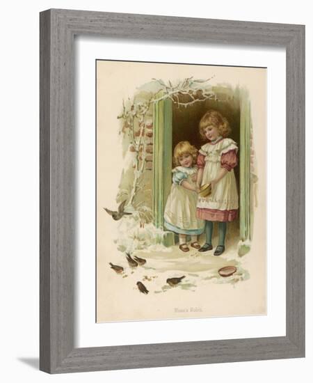 Rosie's Robin - Two Sisters Feed the Birds in Winter-null-Framed Art Print