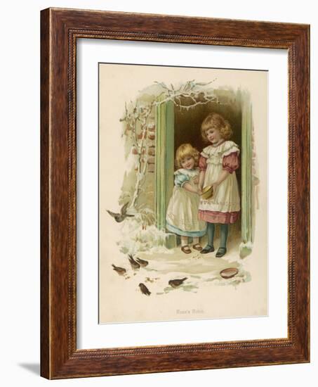 Rosie's Robin - Two Sisters Feed the Birds in Winter-null-Framed Art Print