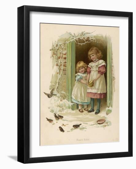 Rosie's Robin - Two Sisters Feed the Birds in Winter-null-Framed Art Print