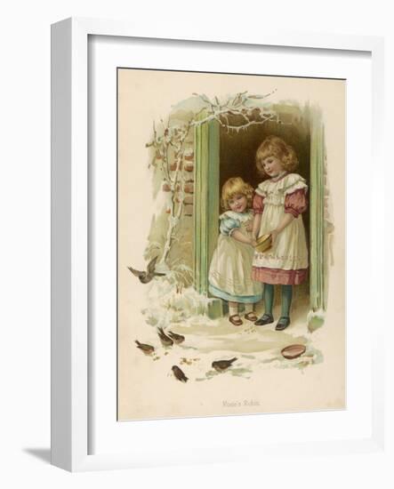 Rosie's Robin - Two Sisters Feed the Birds in Winter-null-Framed Art Print