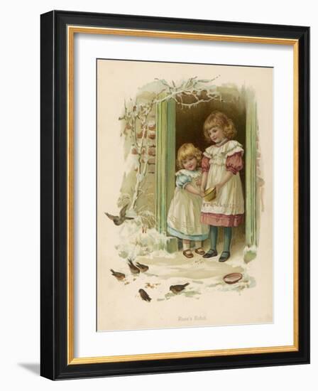 Rosie's Robin - Two Sisters Feed the Birds in Winter-null-Framed Art Print