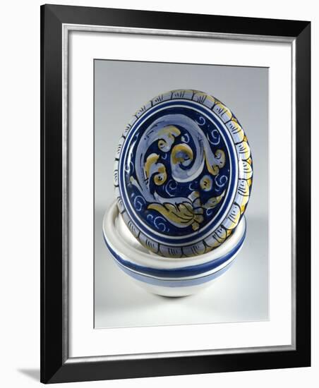 Round Box with Yellow and Light Blue Decoration on a Blue Ground-null-Framed Giclee Print