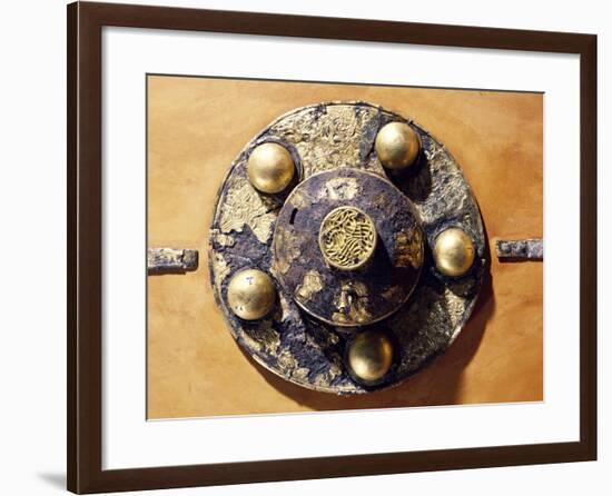 Round Shield Decorated with Geometric Patterns and Spherical Applications-null-Framed Giclee Print