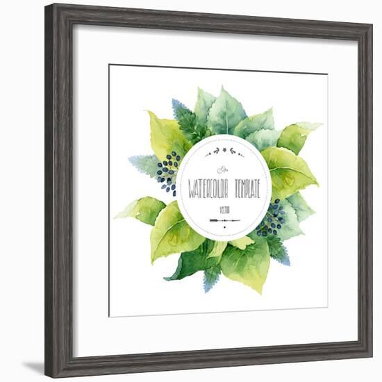 Round Watercolor Template with Green Leaves and Circular Place for Text. Vector Illustration-mika48-Framed Premium Giclee Print