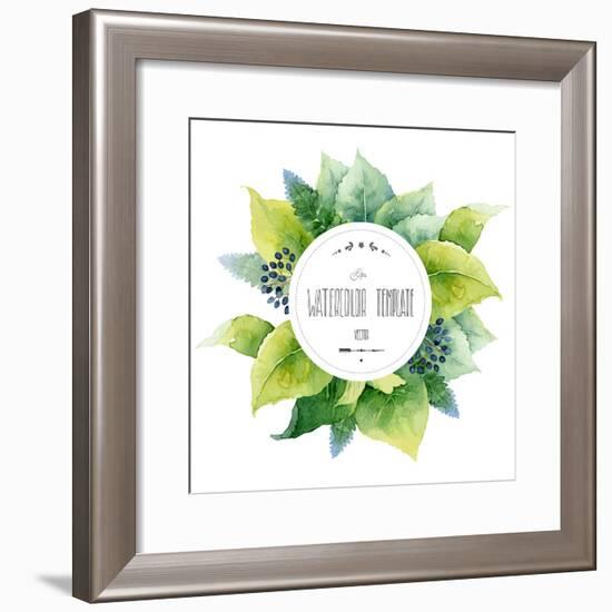 Round Watercolor Template with Green Leaves and Circular Place for Text. Vector Illustration-mika48-Framed Premium Giclee Print