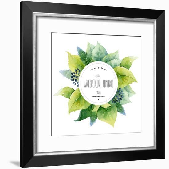 Round Watercolor Template with Green Leaves and Circular Place for Text. Vector Illustration-mika48-Framed Premium Giclee Print