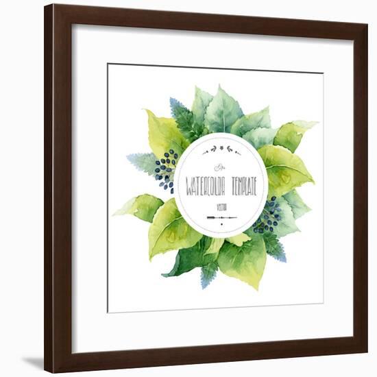 Round Watercolor Template with Green Leaves and Circular Place for Text. Vector Illustration-mika48-Framed Premium Giclee Print