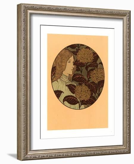 Roundel Portrait of a Girl, French, 1841 1917, Lithograph in Green, Black, and Gold-Eugene Grasset-Framed Giclee Print