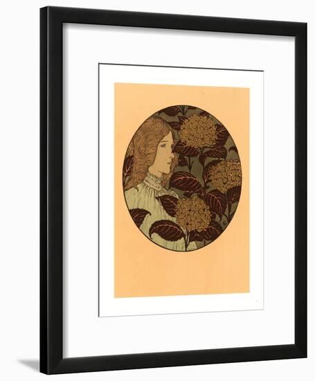 Roundel Portrait of a Girl, French, 1841 1917, Lithograph in Green, Black, and Gold-Eugene Grasset-Framed Giclee Print