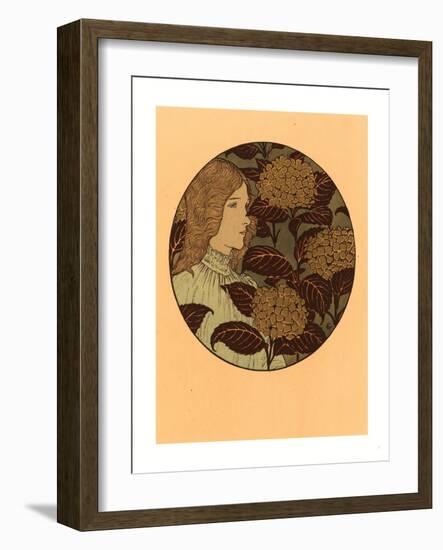 Roundel Portrait of a Girl, French, 1841 1917, Lithograph in Green, Black, and Gold-Eugene Grasset-Framed Giclee Print