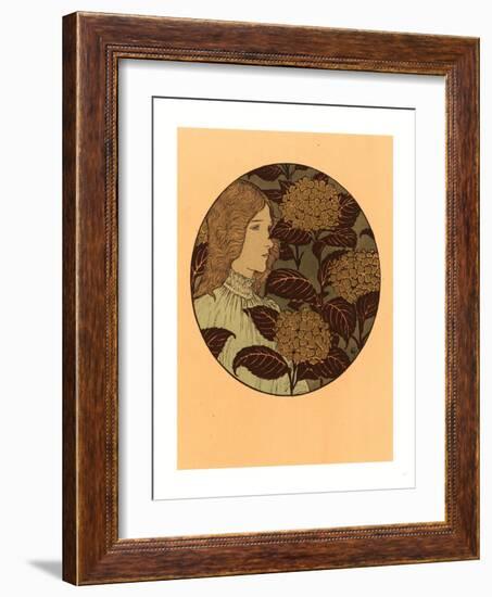 Roundel Portrait of a Girl, French, 1841 1917, Lithograph in Green, Black, and Gold-Eugene Grasset-Framed Giclee Print