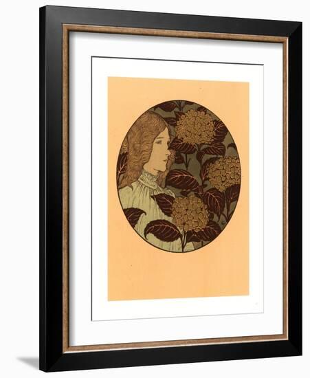 Roundel Portrait of a Girl, French, 1841 1917, Lithograph in Green, Black, and Gold-Eugene Grasset-Framed Giclee Print